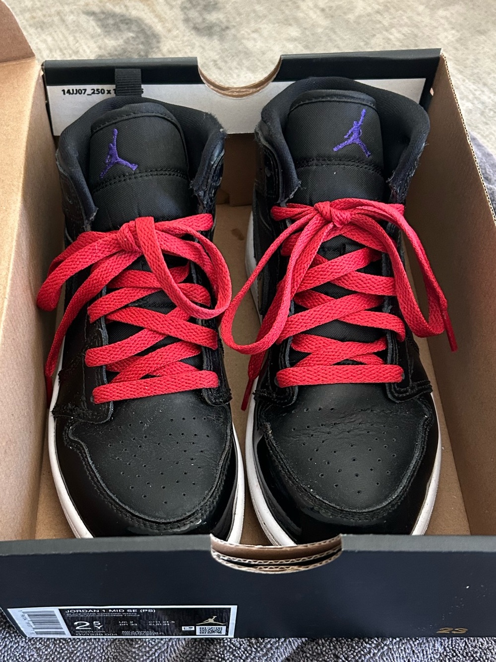 Boys’ Jordan 1 Mid SE Black High-Top Sneakers with Red Laces and Purple Logo